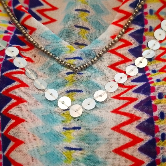 Ellen Weaver Aqua Blues Sleeves Semi- Sheer Boho  Beaded Overlay - Picture 4 of 6